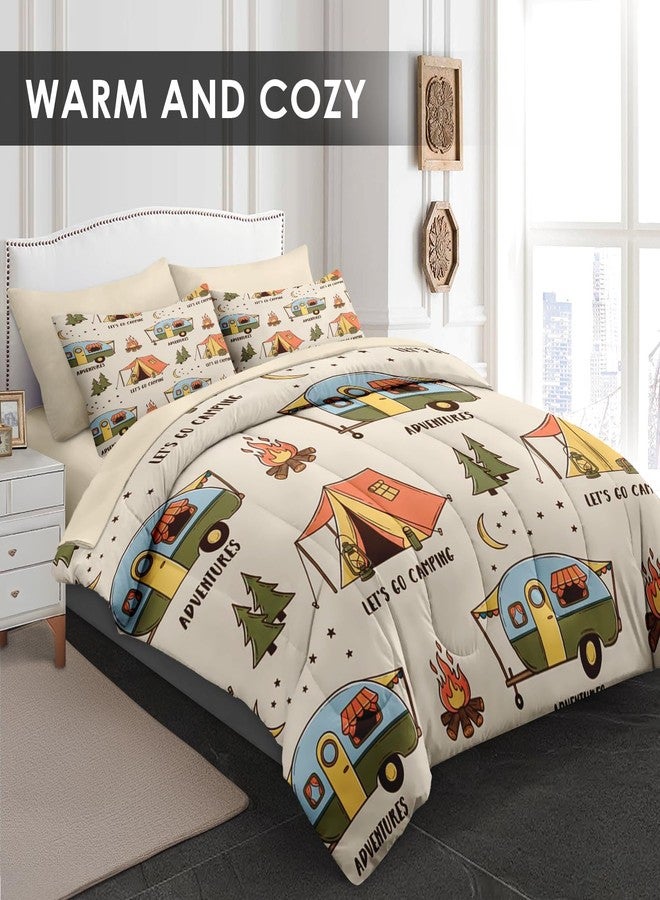 Pamnest 7 Pcs Comforter Set Queen Size, Summer Camp Camper Bedding Set for Kids and Adults, Camping Adventure Bed Sheet Sets with Fitted Sheet 2 Pillowcases & 2 Shams for Bedroom Bed Decor - Image 2