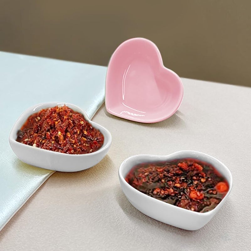 GSHLLO 4 Pcs Heart Shaped Ceramic Side Dish Small Porcelain Seasoning Bowls Soy Dipping Sauce Dishes Cute Appetizer Dessert Plates Sushi Vinegar Ketchup Bowls for Birthday Party Pink - Image 3