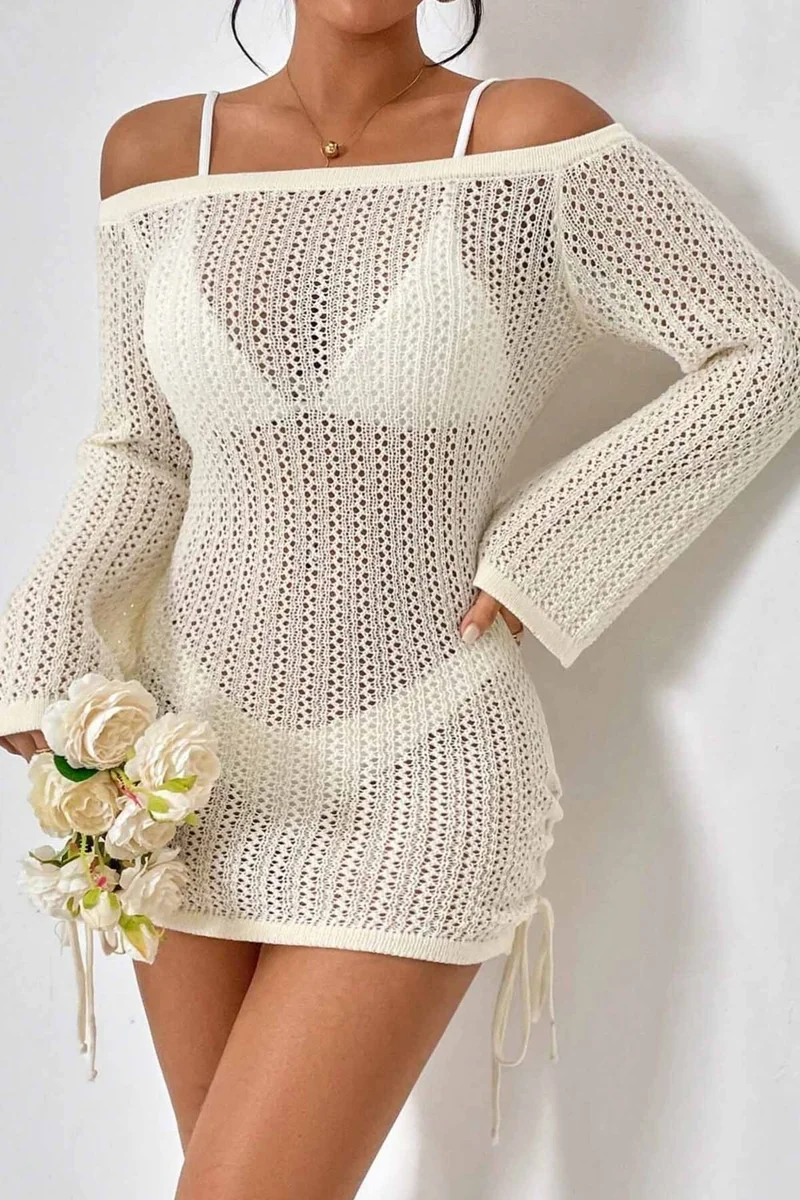 Angelsin Knitted Side Gathered Long Sleeve Beach Dress Pareo