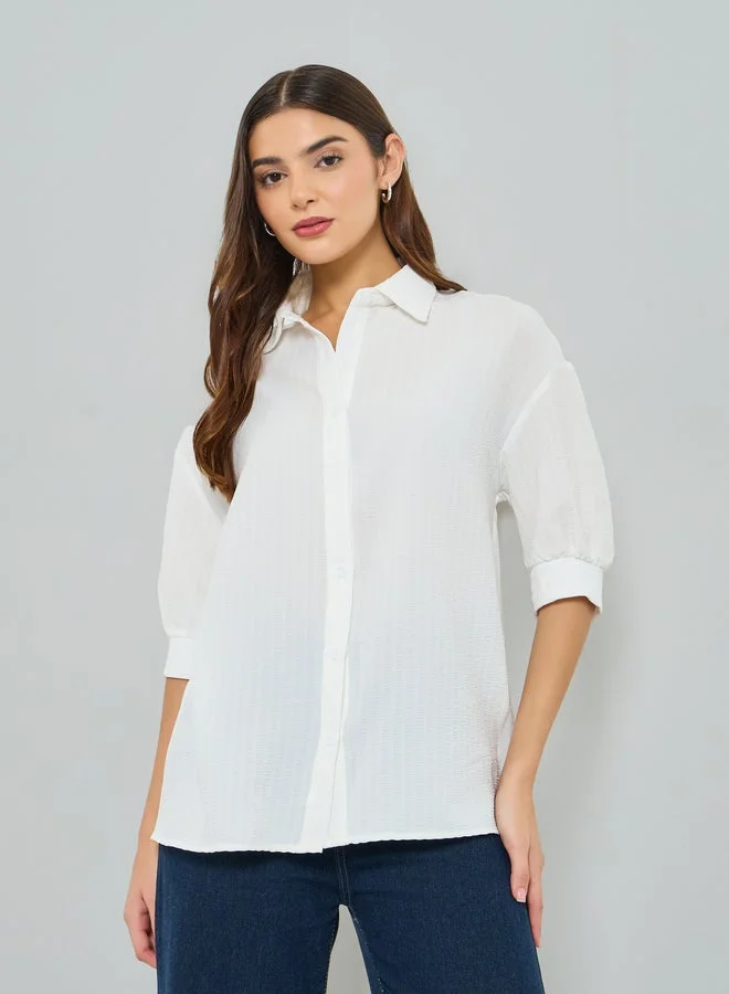 Take Two White Textured Long Sleeve Shirt
