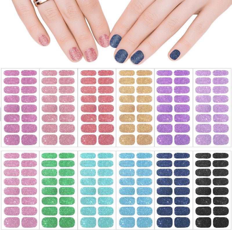 YUXIANLB 12 Sheets Multicolor Glitter Nail Wraps Nail Polish Strips Waterproof Self Adhesive Nail Stickers for Nail Art Shine Full Wrap Nail Polish Decals