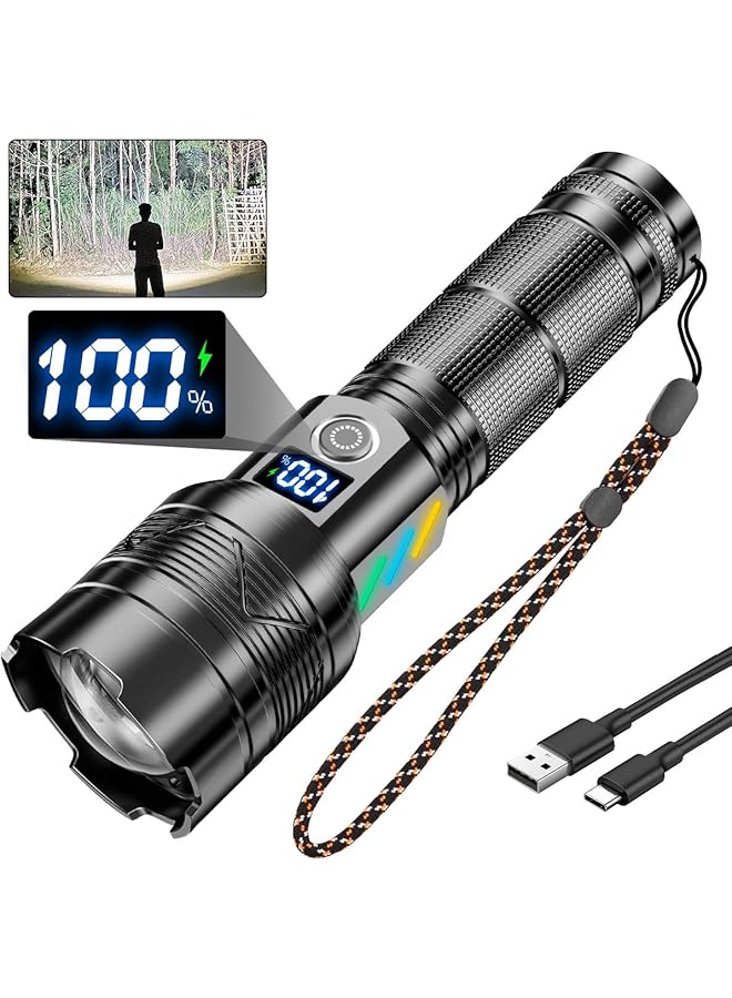 promass LED Rechargeable Torch Light Flashlight with LCD Display, Extremely Bright 30000 Lumens USB Torch Battery Powered IP65 Waterproof 5 Light Modes Adjustable Focus for Camping Night Walking - Image 1