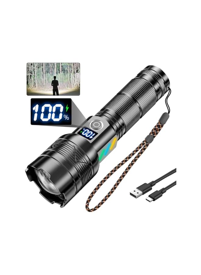 promass LED Rechargeable Torch Light Flashlight with LCD Display, Extremely Bright 30000 Lumens USB Torch Battery Powered IP65 Waterproof 5 Light Modes Adjustable Focus for Camping Night Walking - Image 2