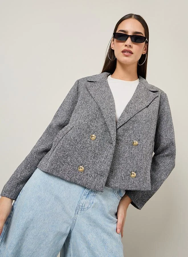 Styli Regular Fit Double Breasted Short Tweed Blazer