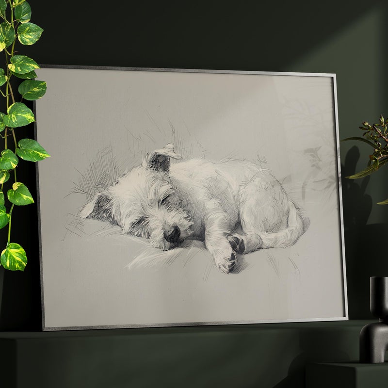 TNESSENTIAL Sleeping Miniature Schnauzer Dog Drawing Wall Art Poster Print, Minimalist Pet Memorial Poster, Pencil Dog Sketch Art, Nursery Wall Decor - Image 1