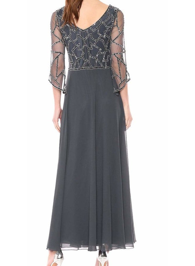 J Kara Women's 3/4 Sleeve Geo Beaded Gown, gray/gun/silver, 16 - Image 3