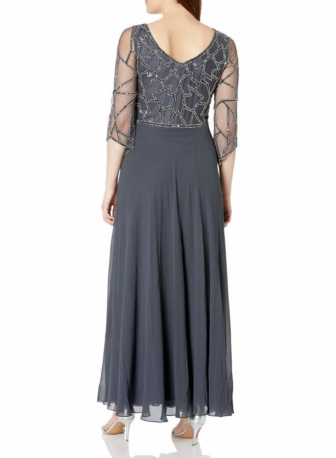 J Kara Women's 3/4 Sleeve Geo Beaded Gown, gray/gun/silver, 16 - Image 2