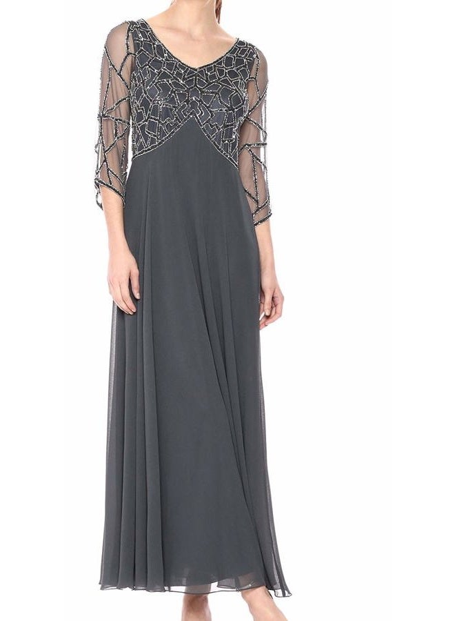 J Kara Women's 3/4 Sleeve Geo Beaded Gown, gray/gun/silver, 16 - Image 1