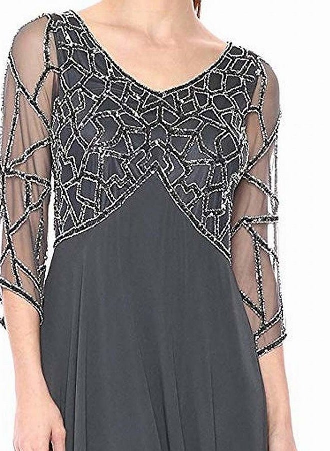 J Kara Women's 3/4 Sleeve Geo Beaded Gown, gray/gun/silver, 16 - Image 4
