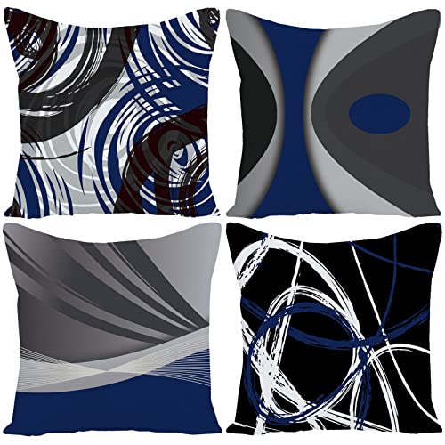 EZVING Set of 4 Throw Pillow Covers Modern Abstract Dark Blue Stripes Gray Black White Acrylic Bold Grey Decorative Pillow Cases Home Decor Square 18x18 Inches Pillowcases - Image 1