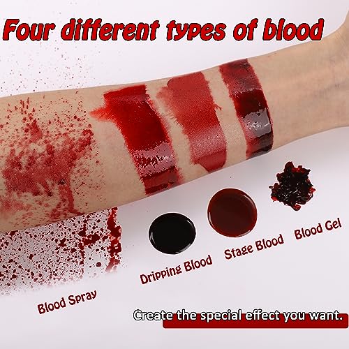 BOBISUKA 4PCS Halloween Special Effects Fake Blood Makeup Kit - Includes Realistic Coagulated Blood Gel, Fake Blood Spray, Dripping Blood, Stage Blood, for Zombie Vampire Cosplay Party Mouth Clothes - Image 2