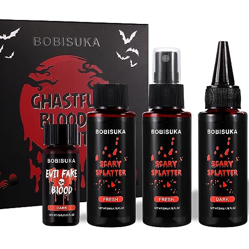 BOBISUKA 4PCS Halloween Special Effects Fake Blood Makeup Kit - Includes Realistic Coagulated Blood Gel, Fake Blood Spray, Dripping Blood, Stage Blood, for Zombie Vampire Cosplay Party Mouth Clothes - Image 1