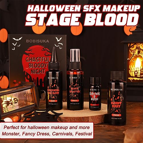 BOBISUKA 4PCS Halloween Special Effects Fake Blood Makeup Kit - Includes Realistic Coagulated Blood Gel, Fake Blood Spray, Dripping Blood, Stage Blood, for Zombie Vampire Cosplay Party Mouth Clothes - Image 5