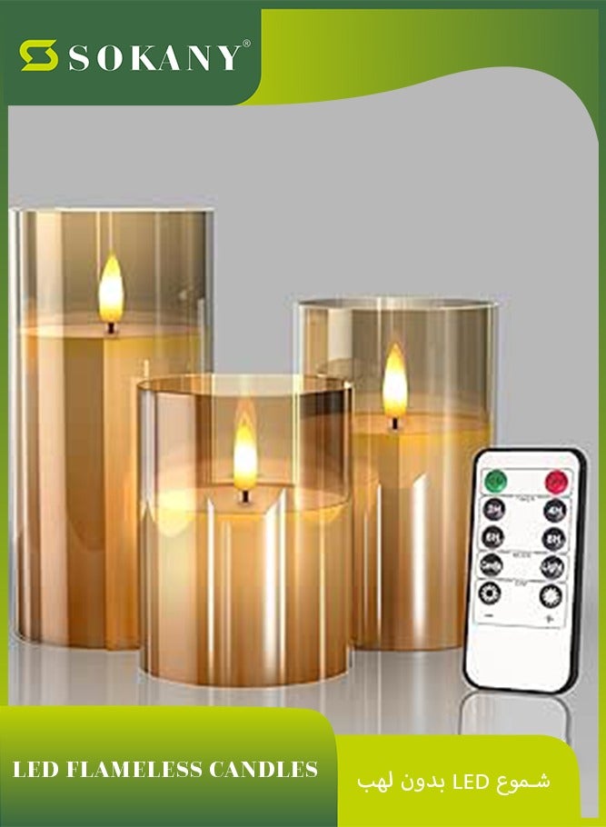 sokany Glass Battery Operated LED Flameless Candles with Remote and Timer, Real Wax Candles Warm Color Flickering Light for Festival Wedding Home Party Decor(Pack of 3) Gold - Image 1