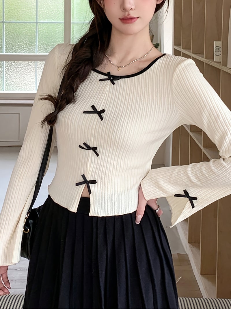 Women's Casual Round Neck Long Sleeve T - Shirt with Bow Decoration and Split Hem, Spring\u002FSummer - Milky / XS - Image 3