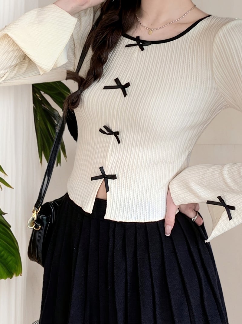 Women's Casual Round Neck Long Sleeve T - Shirt with Bow Decoration and Split Hem, Spring\u002FSummer - Milky / XS - Image 2