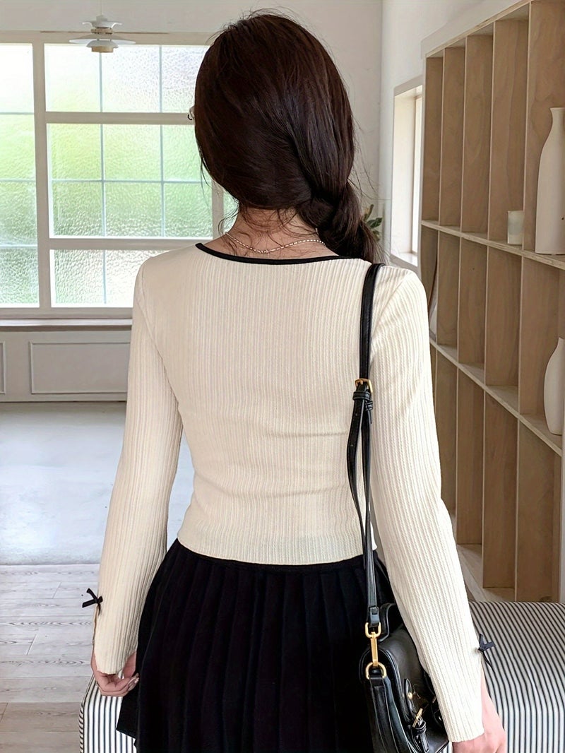 Women's Casual Round Neck Long Sleeve T - Shirt with Bow Decoration and Split Hem, Spring\u002FSummer - Milky / XS - Image 4