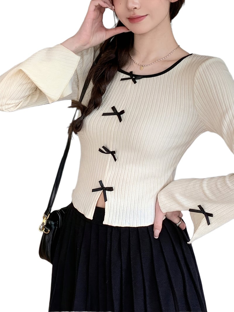 Women's Casual Round Neck Long Sleeve T - Shirt with Bow Decoration and Split Hem, Spring\u002FSummer - Milky / XS - Image 1