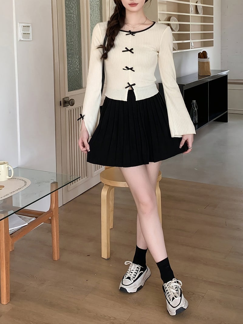 Women's Casual Round Neck Long Sleeve T - Shirt with Bow Decoration and Split Hem, Spring\u002FSummer - Milky / XS - Image 5