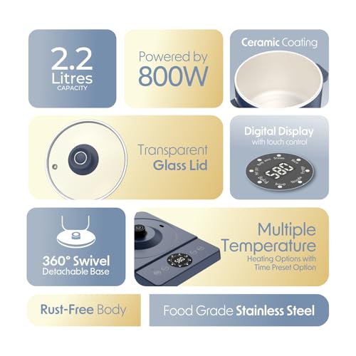 Cellecor White Ceramic Non-Stick Coated Multi-Cook Kettle CMK22 Cook Box Touch Control, LED Display, Egg Boiler with steamer (2.2 L, Navy Blue) - Image 3