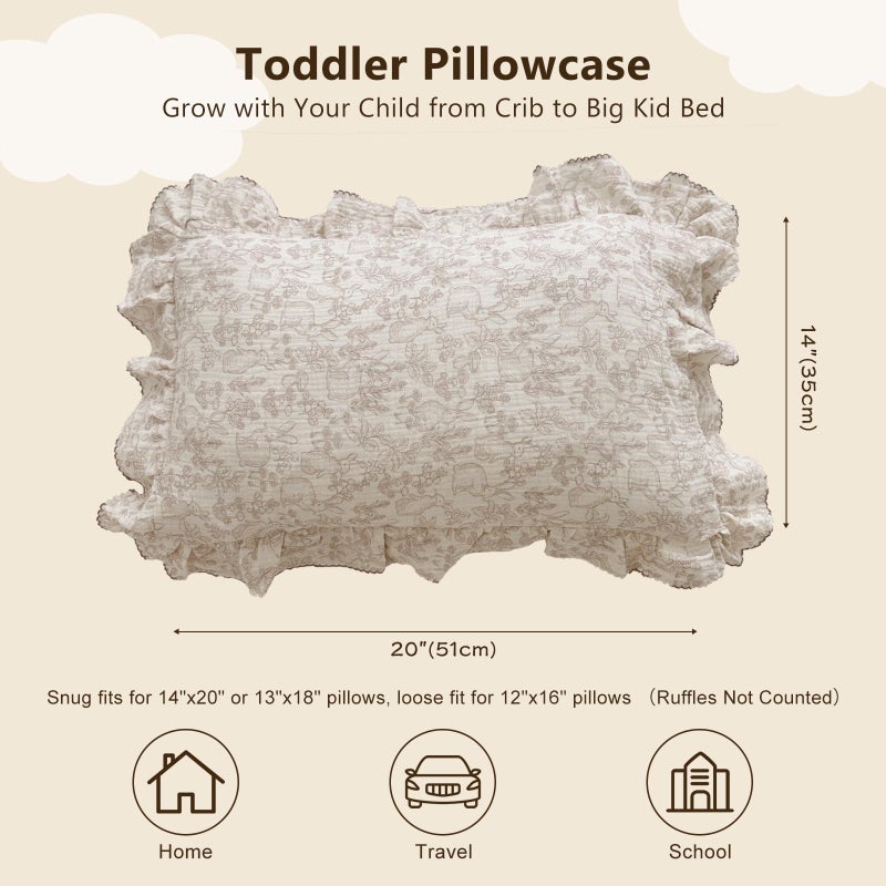 BuLuTu 100% Cotton Muslin Toddler Pillowcase with Ruffles Edges, Cute Rabbit Pattern Toddler Pillow Cover Soft Breathable Gauze Cotton Kids Pillow Cases for Boys,Girls, 1 Piece, 14"x20" - Image 2