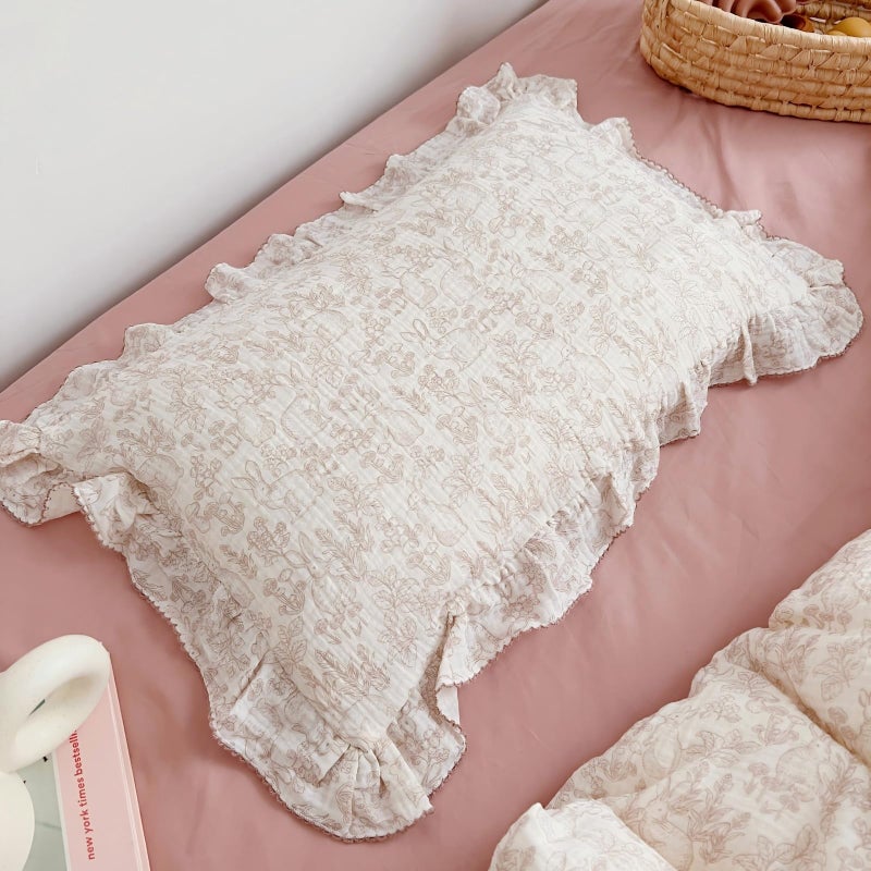 BuLuTu 100% Cotton Muslin Toddler Pillowcase with Ruffles Edges, Cute Rabbit Pattern Toddler Pillow Cover Soft Breathable Gauze Cotton Kids Pillow Cases for Boys,Girls, 1 Piece, 14"x20" - Image 1