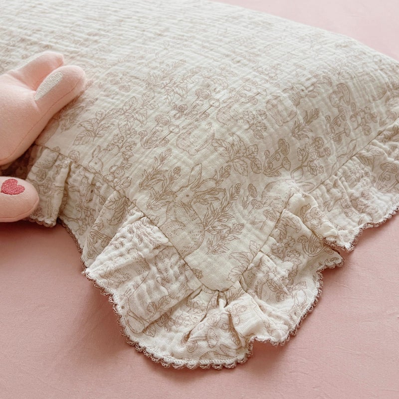 BuLuTu 100% Cotton Muslin Toddler Pillowcase with Ruffles Edges, Cute Rabbit Pattern Toddler Pillow Cover Soft Breathable Gauze Cotton Kids Pillow Cases for Boys,Girls, 1 Piece, 14"x20" - Image 5