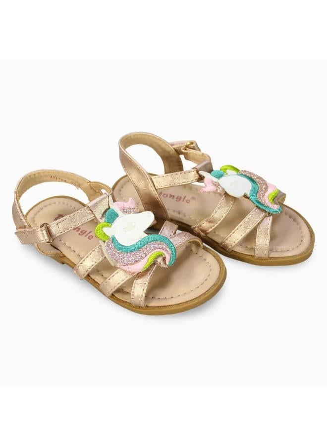 Girls Leather Sandals – Gold with Unicorn Detail - Image 1