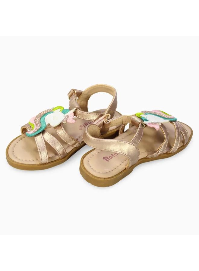 Girls Leather Sandals – Gold with Unicorn Detail - Image 2