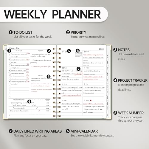 LOAPEM Academic Planner 2026-2027, Weekly and Monthly, A5 Size (5.7" x 8.3"), July 2026 - June 2027, To-do List for Tracking, for School, Home, Office, Hardcover, 12-Month Tabs (Light Green) - Image 2