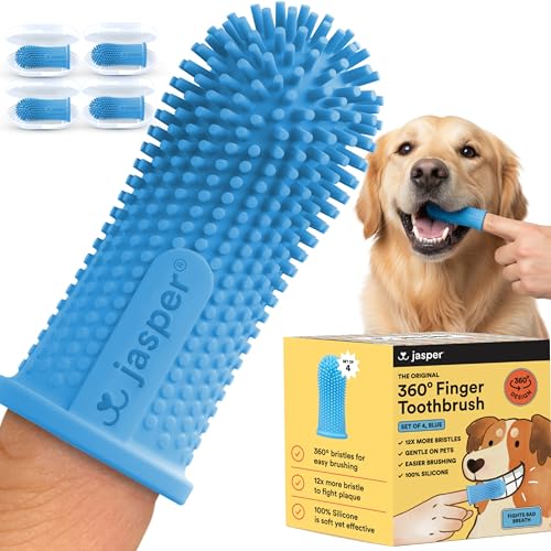 Jasper Dog Toothbrush, 360 Degree Dog Tooth Brushing Kit, Cat Toothbrush, Canine Dental Care & Teeth Cleaning Kit, Pet Finger Tooth Brush, Use with Pet Toothpaste, 4-Pack Blue - Image 1