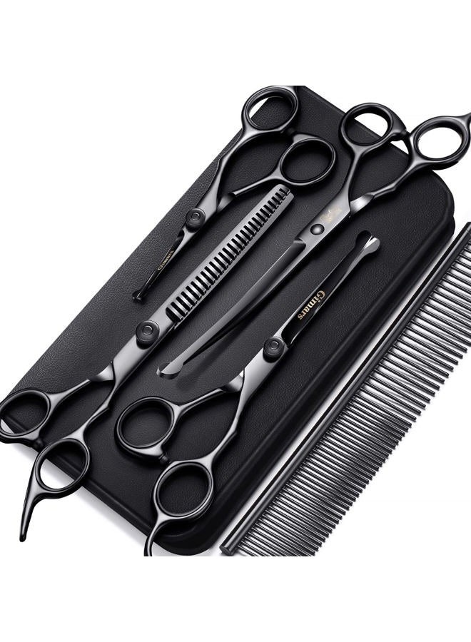 Gimars 4CR Stainless Steel Safety Round Tip 6 in 1 Professional Dog Grooming Scissors Kit, Heavy Duty Titanium Coated Straight & Thinning & Curved Shears & Comb Set for Dog & Cat Grooming - Image 1
