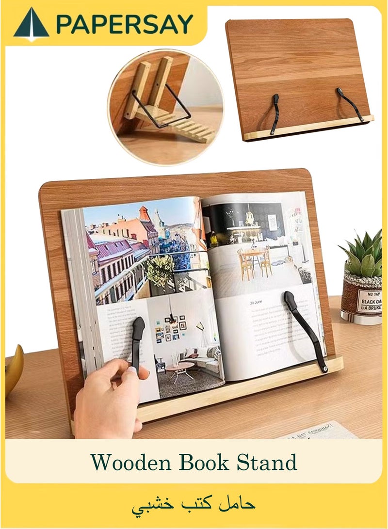PAPERSAY Wooden Book Stand, Portable Desk Stand for Reading, 8 Levels of Angle Adjustment, Foldable,for Office, School Textbooks,Recipes, Tablets, Laptops - Image 1