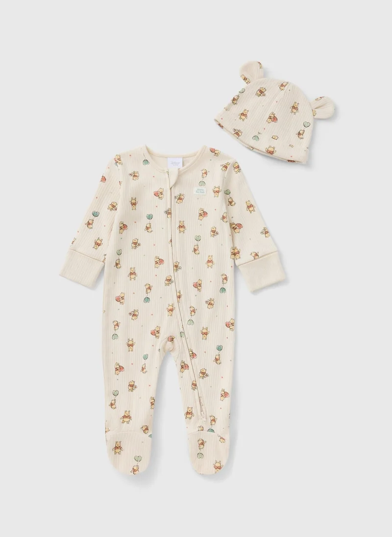 Matalan Winnie The Pooh Baby Cream Sleepsuit & Hat Set