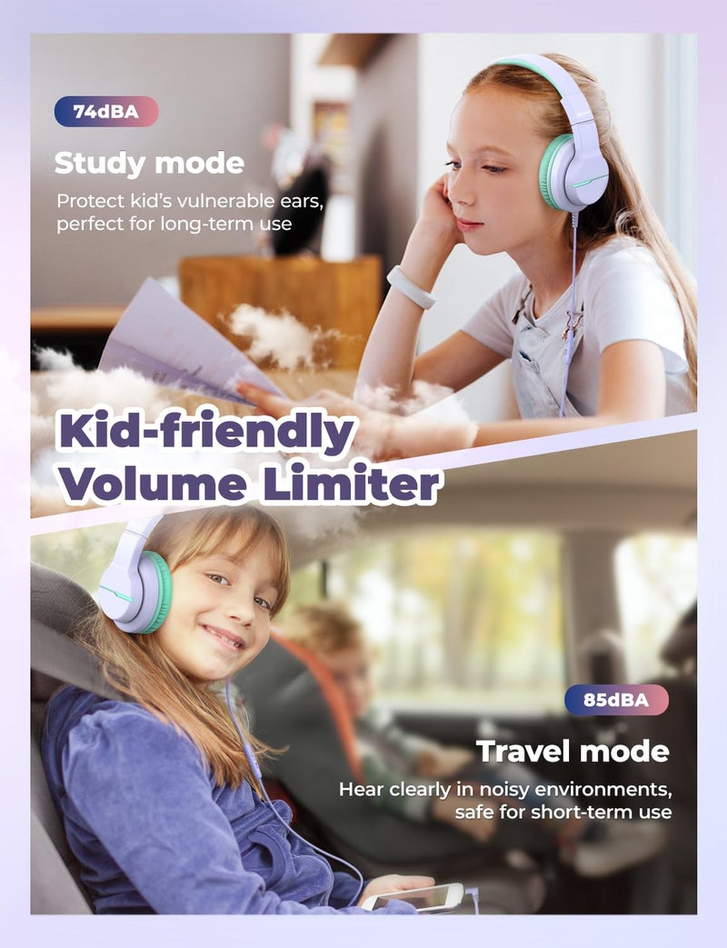 iClever HS19 Kids Headphones for School with Microphone, Safe Volume Limiter 74/85dBA, Over-Ear Girls Boys Headphones for Kids with FunShare Foldable Wired for iPad/Travel (Purple) - Image 2
