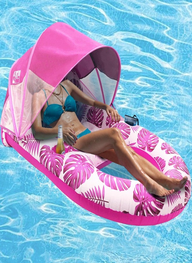 COOLCOOLDEE Pool Lounge Float with Canopy UPF50+,Extra Large Pool Floats for Adults Heavy Duty,Inflatable Lounger Float with Cup Holder & Backrest,Footrest(Pink) - Image 1