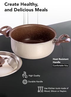 Grandi 8-Piece Non-Stick Cookware Set Aluminum Pots And Pans Non-Stick Surface Bakelite Handle Stainless Steel Lids PFOA Free Brown and beige granite  22-26+26+18 cm  - Image 3