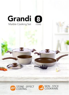 Grandi 8-Piece Non-Stick Cookware Set Aluminum Pots And Pans Non-Stick Surface Bakelite Handle Stainless Steel Lids PFOA Free Brown and beige granite  22-26+26+18 cm  - Image 1