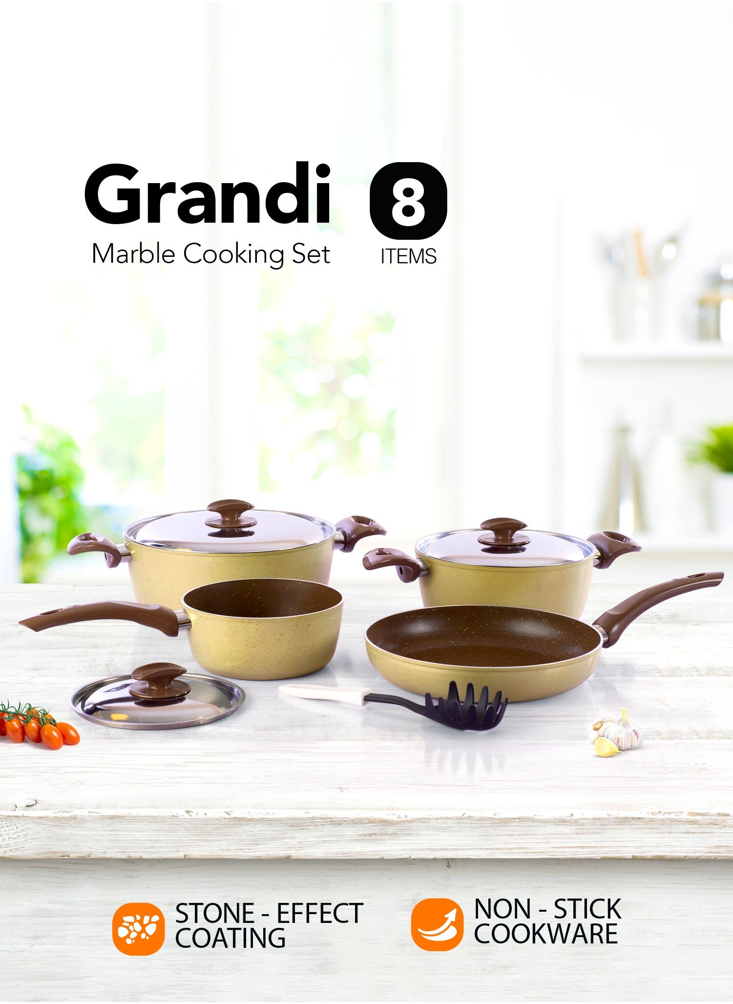 Grandi 8-Piece Non-Stick Cookware Set Aluminum Pots And Pans Non-Stick Surface Bakelite Handle Stainless Steel Lids PFOA Free Brown and beige granite  22-26+26+18 cm 