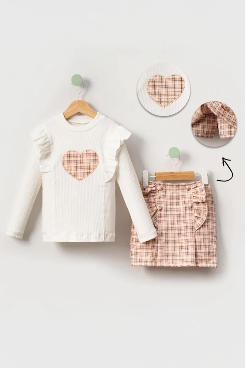 مينيمن جيجيليري My Little Ones (2-9 Years Old) Plaid Ruffled Heart Detailed Girl's Set - Salmon