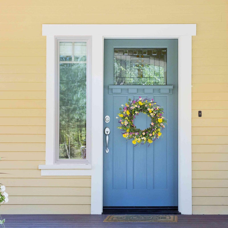 J'FLORU Spring Wreaths for Front Door 22 Inch Artificial Summer Wreath Daisy and Lavender Wreath with Wildflowers for Home Wall Farmhouse Springtime Easter Holiday Party - Image 2