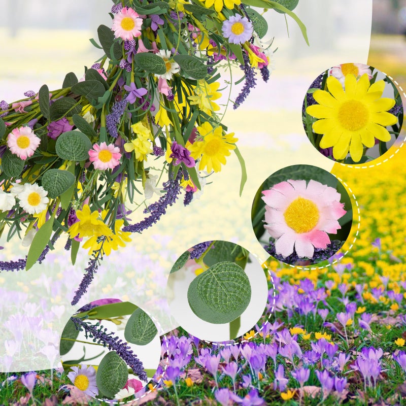 J'FLORU Spring Wreaths for Front Door 22 Inch Artificial Summer Wreath Daisy and Lavender Wreath with Wildflowers for Home Wall Farmhouse Springtime Easter Holiday Party - Image 5