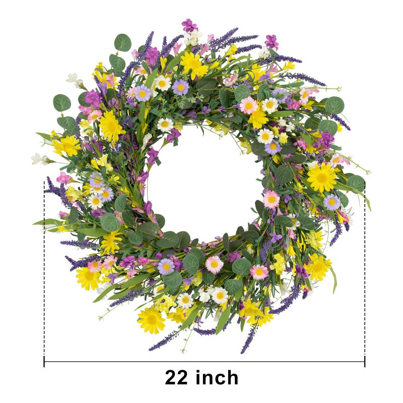J'FLORU Spring Wreaths for Front Door 22 Inch Artificial Summer Wreath Daisy and Lavender Wreath with Wildflowers for Home Wall Farmhouse Springtime Easter Holiday Party - Image 4