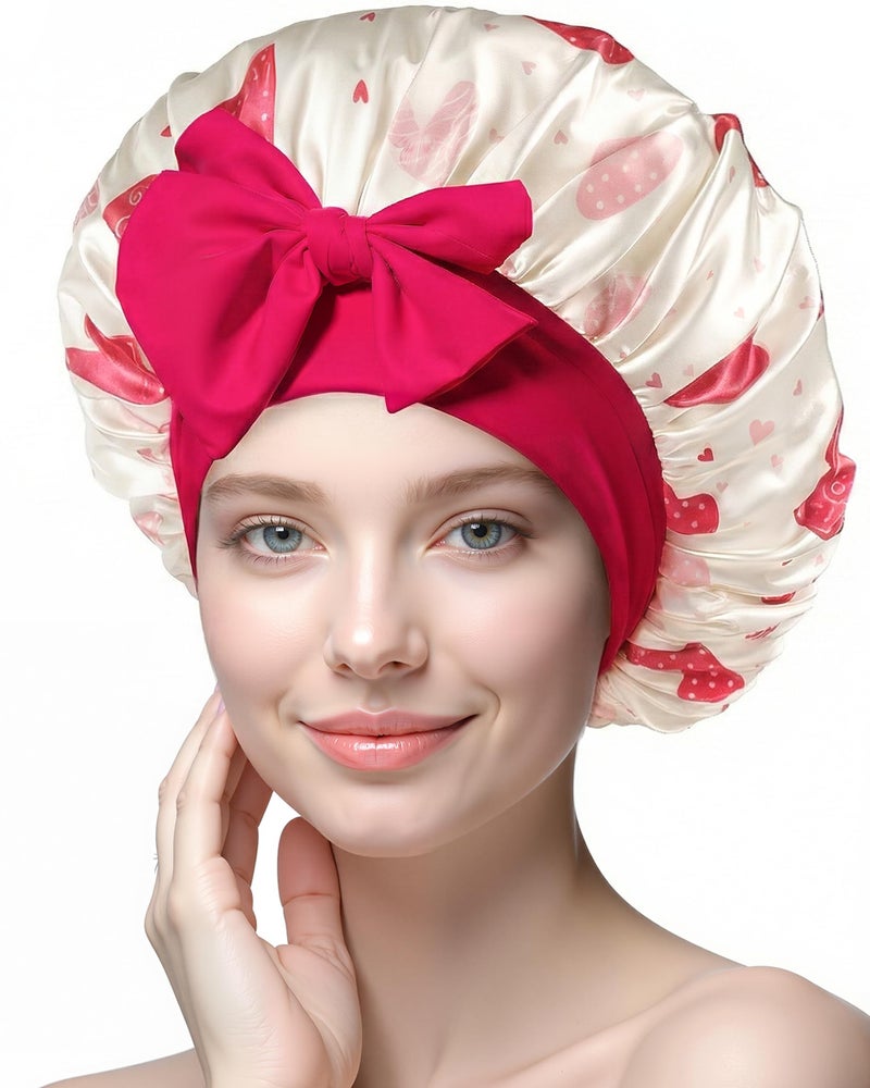 Confvrter Silk Bonnet for Sleeping Women Adjustable Double Layer Satin Bonnet, Night Cap for Curly & Textured Hair Prevents Breakage, Tangles & Thinning, Heart Pattern Print - Image 1
