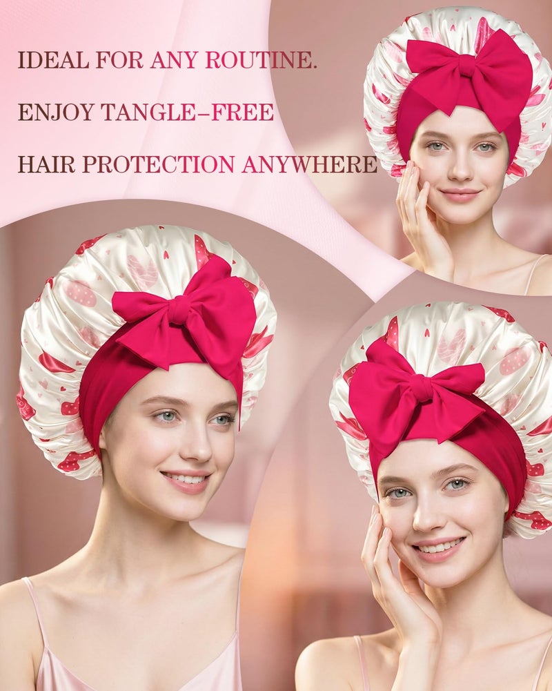 Confvrter Silk Bonnet for Sleeping Women Adjustable Double Layer Satin Bonnet, Night Cap for Curly & Textured Hair Prevents Breakage, Tangles & Thinning, Heart Pattern Print - Image 5