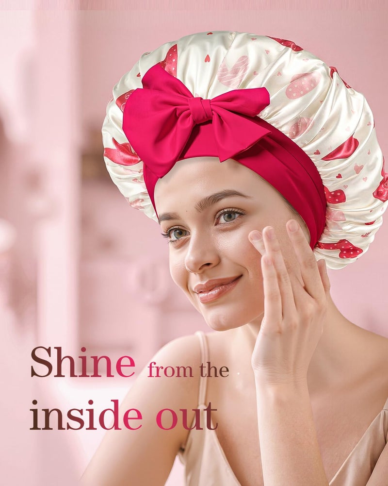 Confvrter Silk Bonnet for Sleeping Women Adjustable Double Layer Satin Bonnet, Night Cap for Curly & Textured Hair Prevents Breakage, Tangles & Thinning, Heart Pattern Print - Image 3