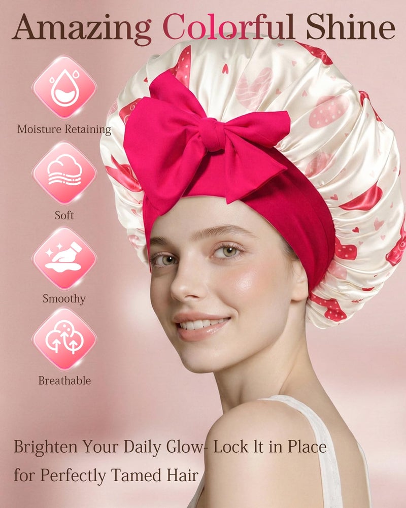 Confvrter Silk Bonnet for Sleeping Women Adjustable Double Layer Satin Bonnet, Night Cap for Curly & Textured Hair Prevents Breakage, Tangles & Thinning, Heart Pattern Print - Image 4