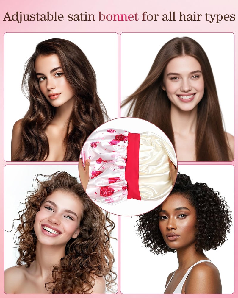 Confvrter Silk Bonnet for Sleeping Women Adjustable Double Layer Satin Bonnet, Night Cap for Curly & Textured Hair Prevents Breakage, Tangles & Thinning, Heart Pattern Print - Image 2