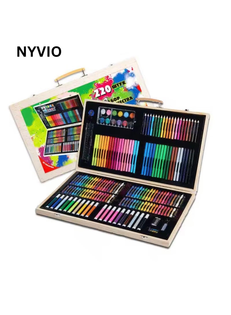 NYVIO 220 PCS Professional Art & Craft Set for Kids – All in One Drawing Kit with Colored Pencils, Sketch Pencils, Markers, Crayons, Oil Pastels, Watercolors in Wooden Storage Box – School Art Supplies Gift Set - Image 1