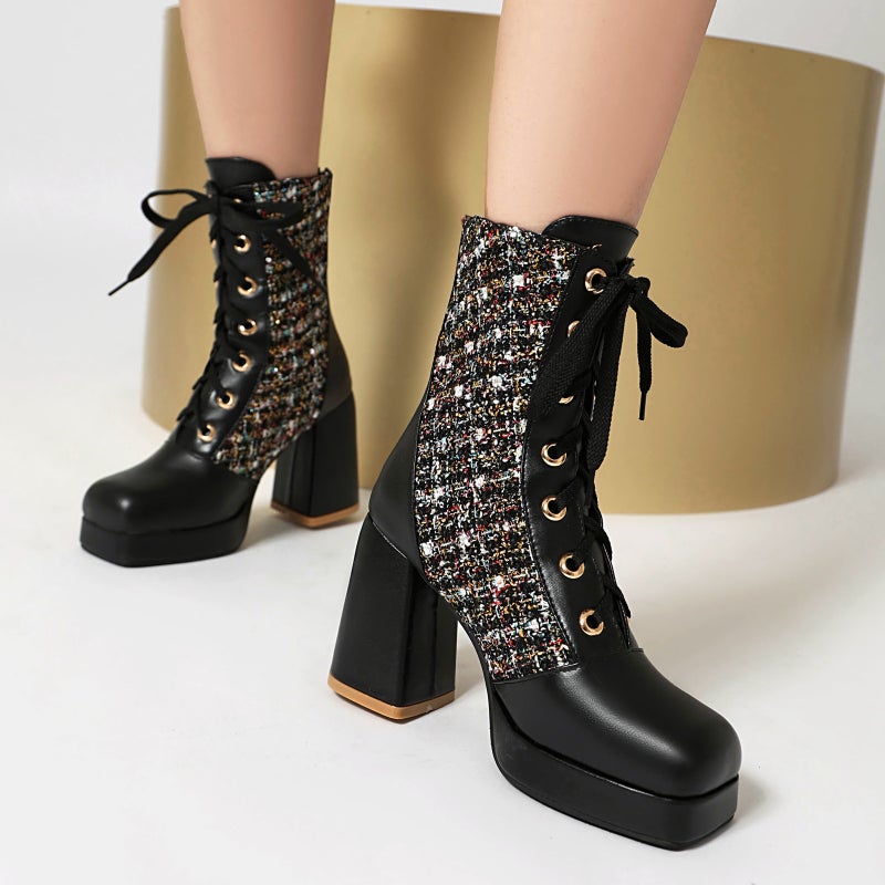 Winter Fashion Thick Bottom Square Head 40-47 Plus Size Stitching Lace Low Tube Shoes - Image 3